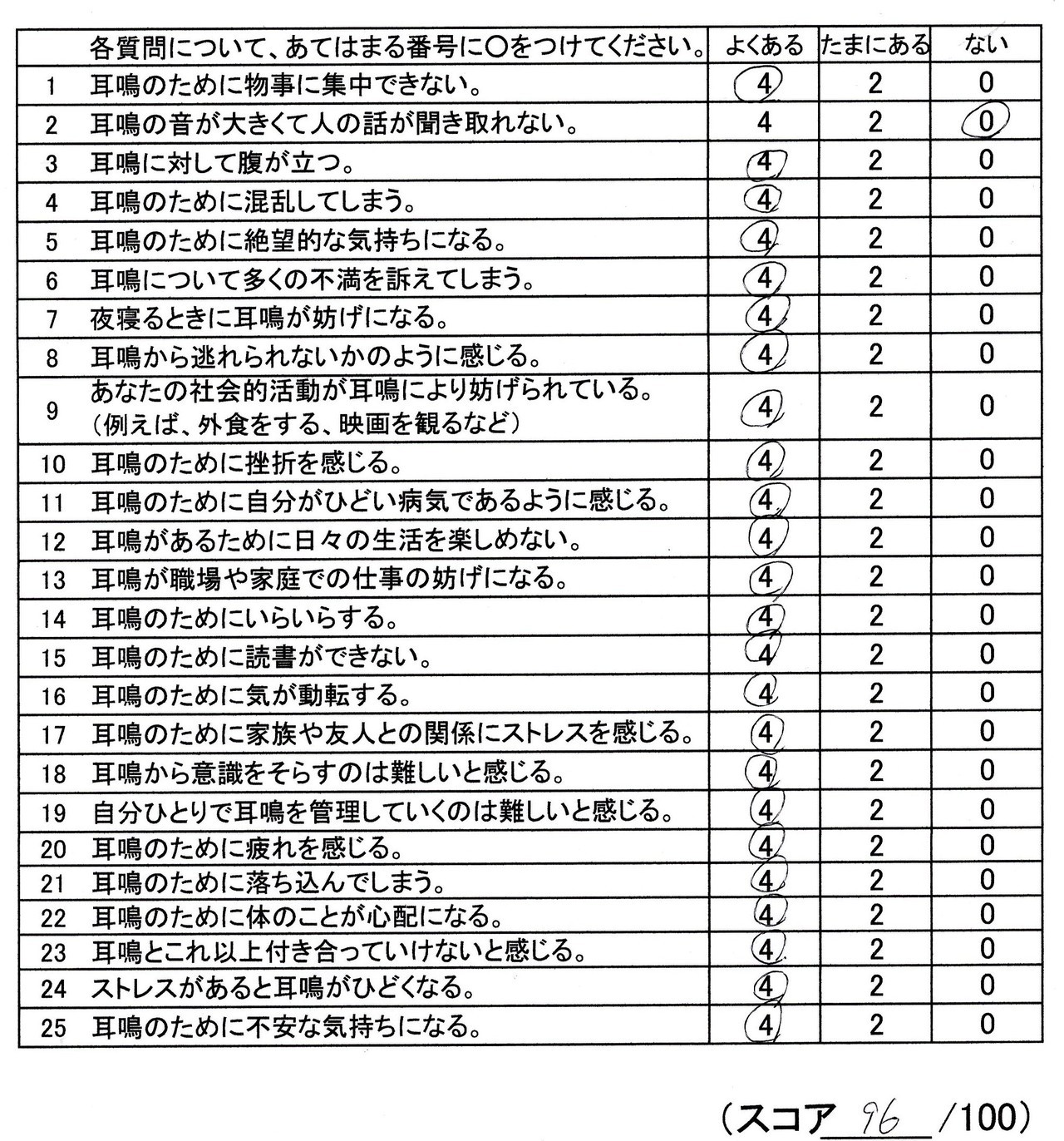 耳鳴りスコア96点